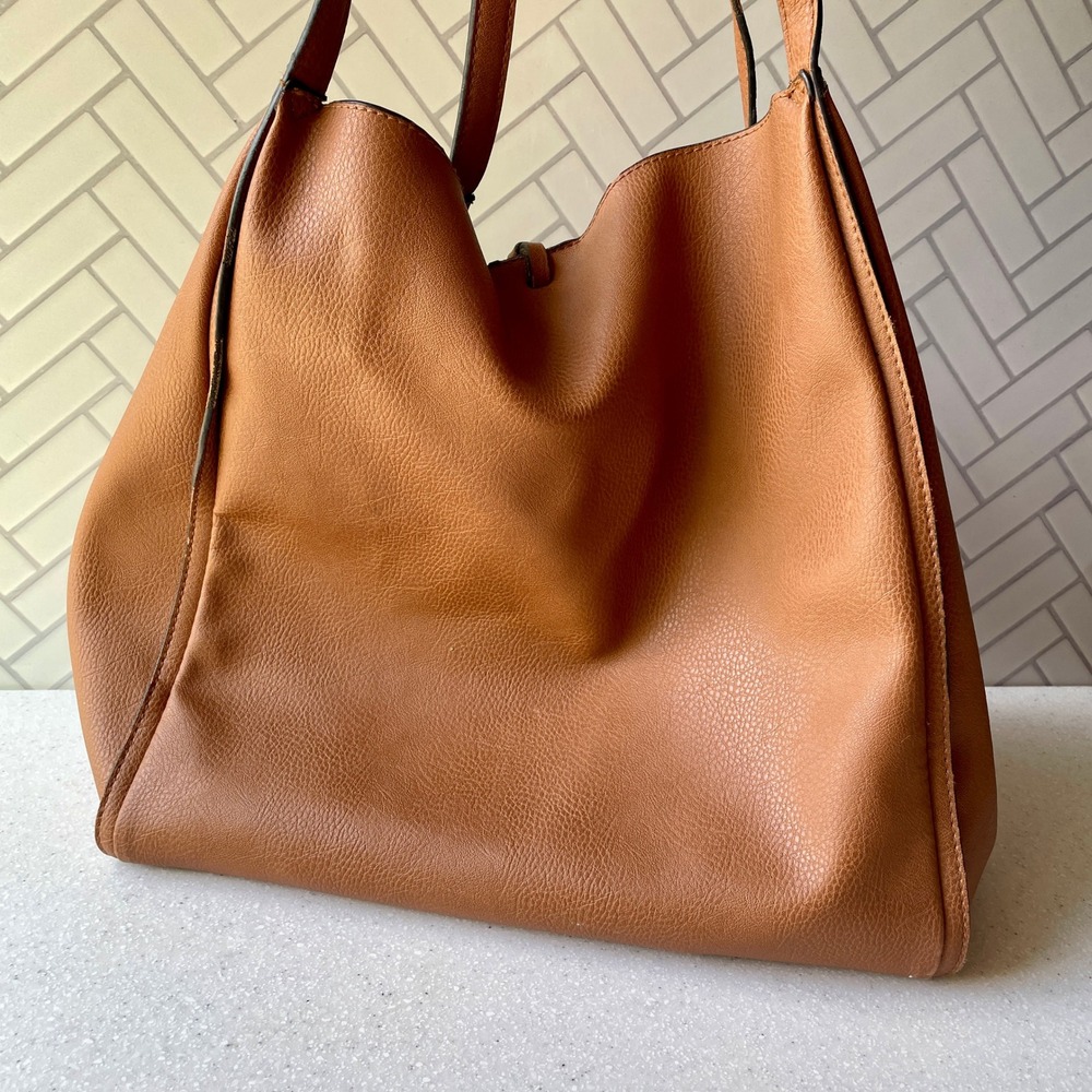 Large Cognac Brown Pebbled Faux Leather Hobo Shoulder Bag Tote with Gold Accents - Picture 5 of 11